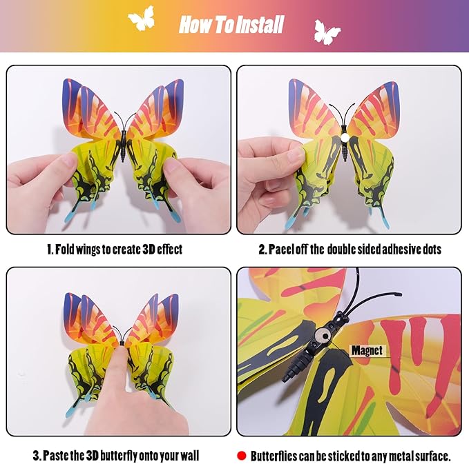 SAOROPEB 3D Butterfly Wall Decor, 48 Pcs Double Layer Butterfly Decorations for Party Decorations Locker Decor Refrigerator Decal, Reusable (Multicolor)