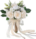 Wedding Bouquets for Bride Bridesmaid,White Champagne Artificial Roses Flowers for Wedding Church Decoration (7.5in)