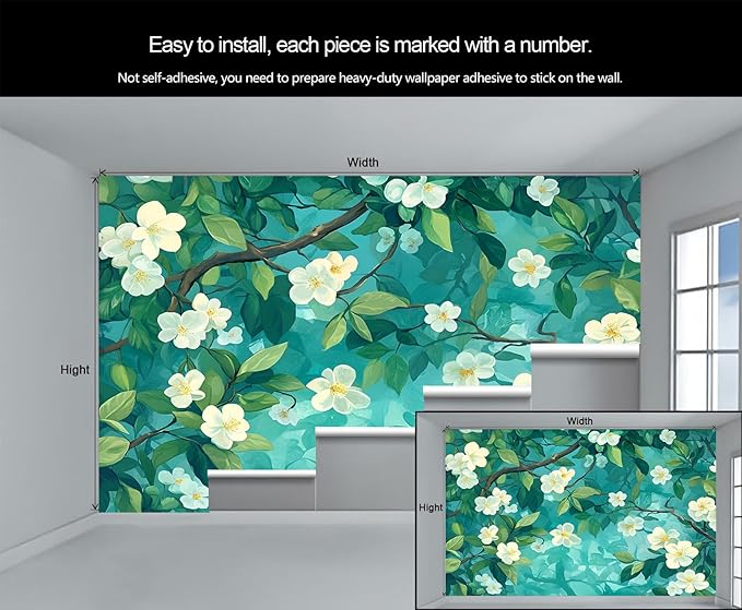 Jasmine Blossom Wall Mural, Elegant Floral Landscape 3D Wall Murals, Nature Turquoise Botanical Wallpaper Mural, for Living Room Bedroom Large Wallpaper Indoor Decor 197" W x124.8 H