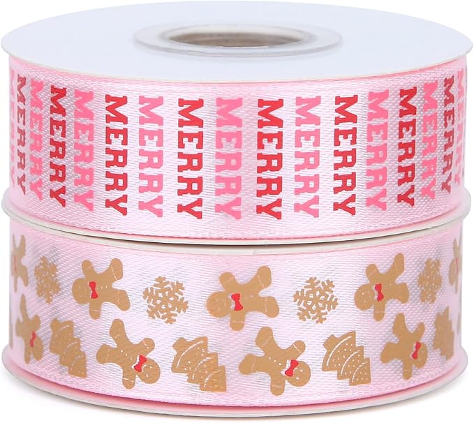 Gingerbread Ribbon 7/8 Inch 20 Yards Pink Merry Christmas Candy Cane Craft Ribbon for Gift Wrapping Wreath Bow DIY Crafts Supplies