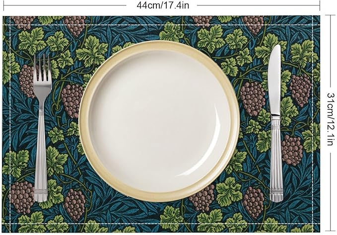 William Morris Vintage Botanical Placemats Set of 6, Retro Grapes Vines Flower Boho Plant Place Mats, Heat Resistant Non Slip Cotton Linen Dining Table Mats for Home Kitchen Party 18x12 Inch