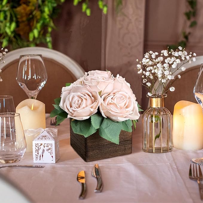 Dining Table Centerpiece Set of 6 - Pre-Made Aritifial Rose with Wooden Vase Fake Floral Arrangment Faux Flower for Wedding Bridal Tea Party Event Decorations - Boho
