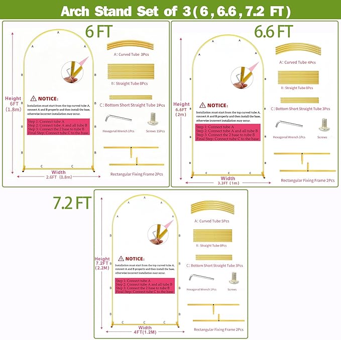 Metal Arch Backdrop Stand, Set of 3 (6/6.6/7.2 ft) Wedding Arched Frame with 12 Ground Nails and Storage Bag, Stable Arched Background Stand for Wedding, Baby Shower, Birthday Party, Photography, Gold