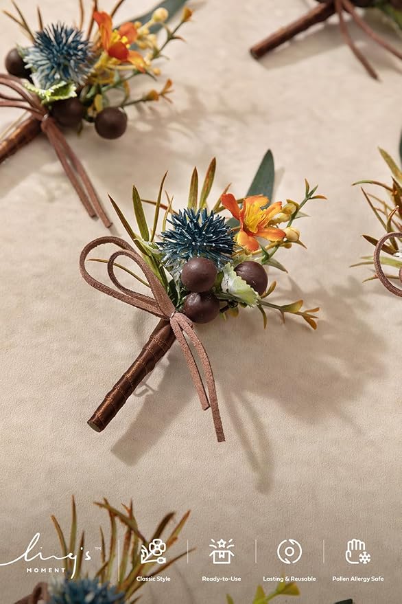 Ling's Moment Boutonniere for Men, 10pcs Groomsmen Guest Boutonniere, Artificial Flowers for Wedding Décor/Prom/Homecoming,etc.Dark Teal Orange