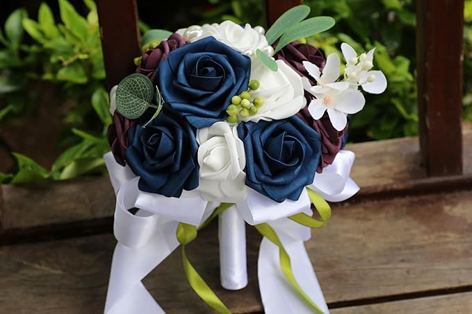 Lightweight Bridal Wedding Bouquet Round Holding Bouquet Throw Toss Artificial Rose Flower Bunch for Bride Bridesmaid Wedding Quinceanera (White, Navy & Dark Puce, 6.7")