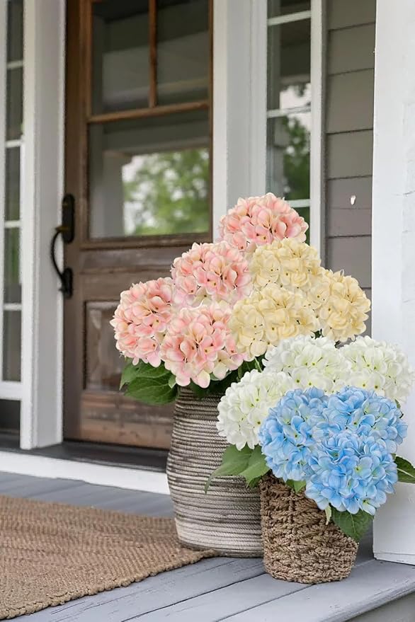 Hollyone 6 Pcs Light Pink Hydrangea Artificial Flowers Heads with Stems Silk Faux Hydrangea Pink Fake Flowers for Home Indoor Outdoor DIY Floral Wedding Flower Bouquets Kitchen Table Centerpiece Decor