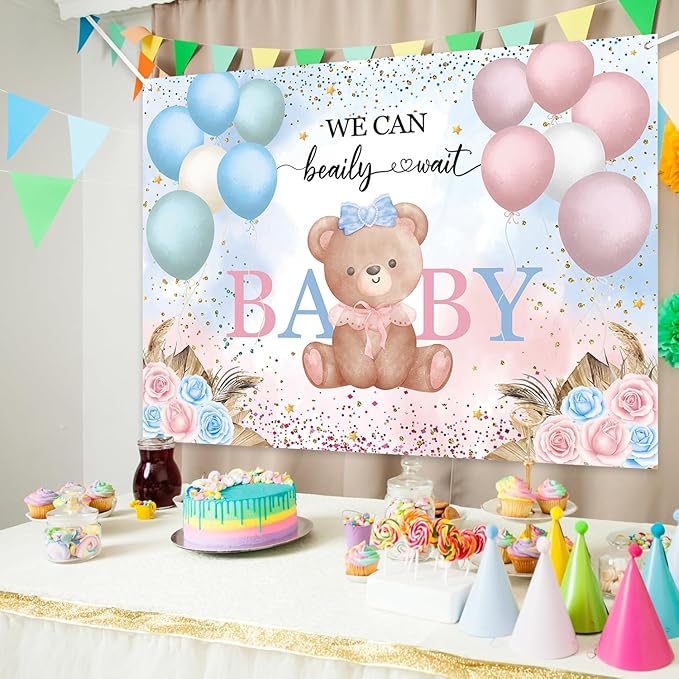 7x5ft Teddy Bear Gender Reveal Party Decorations, We Can Bearly Wait Baby Shower Backdrop, Blue Pink Balloon Floral Banner for Boy or Girl Baby Shower Photography Background