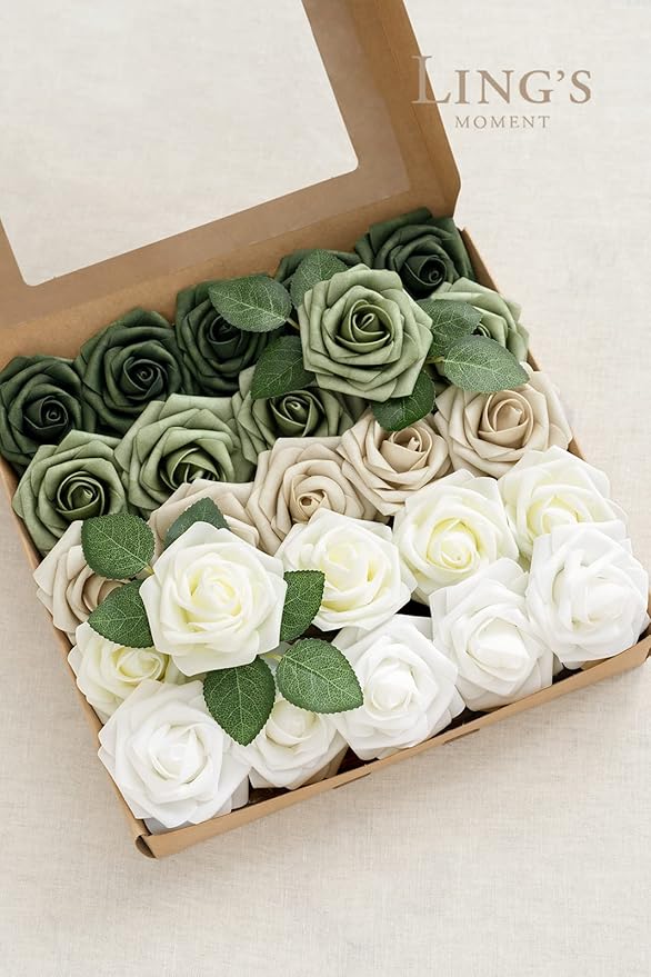 Ling's moment Artificial Flowers, 50Pcs 3" Roses in Sage Shades, Realistic DIY Foam Floral Decor for Wedding Bouquets/Centerpieces, Outdoor Party Backdrops, Room/Table, and Garden/Pot Decorations