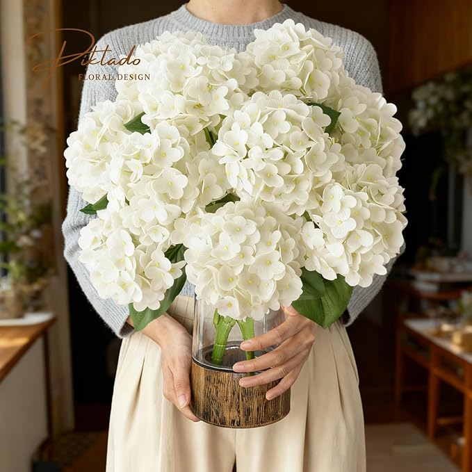 A Bunch 21in， White Real Touch Hydrangea Artificial Flowers， with 5pcs Flower Head 10pcs Leaves， Faux Hydrangea Flowers for Home Office Decor Wedding Party Arrangements (1, White)
