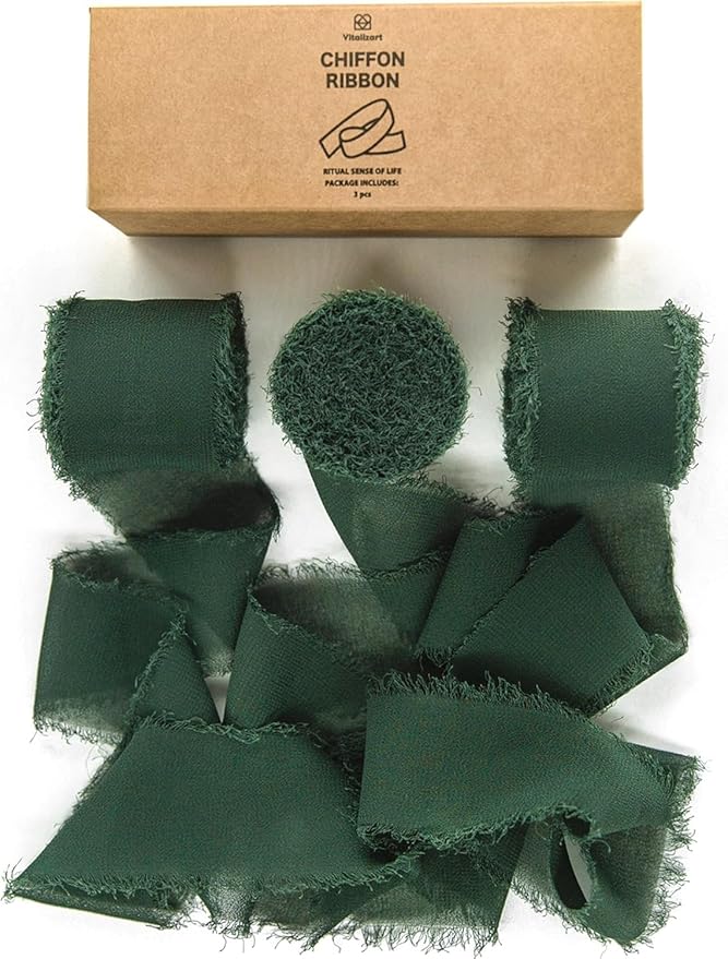 Vitalizart Dark Green Handmade Chiffon Silk Ribbon Fringe 3 Rolls 1.5" x 21 Yd Frayed Edges Ribbons for Wedding Invitations Bridal Bouquets Gifts Wrapping Crafts Holiday Decor