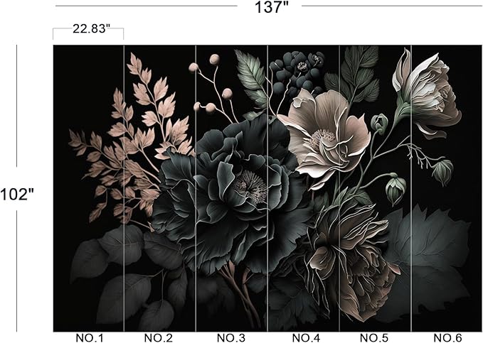 Eierme-Black Background with Flowers and Leaves Mural Wallpaper Peel and Stick 137" x 102"