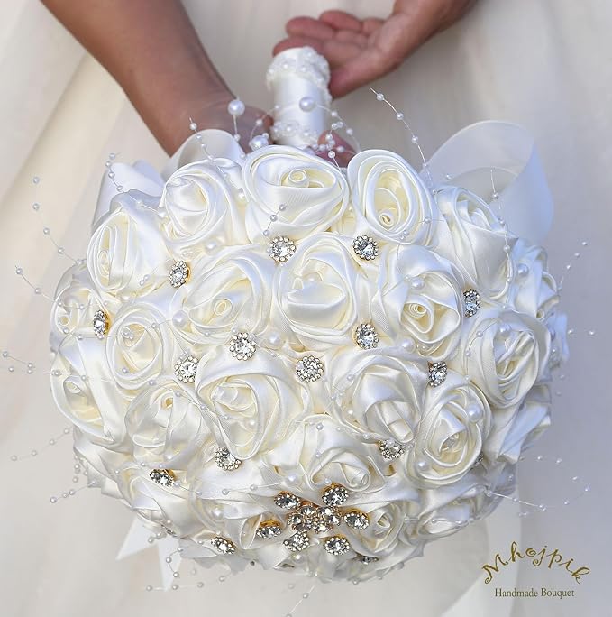 Bridal Wedding Bouquet Round Bling Brooch Bouquet Throw Toss Artificial Rose Flower Bunch for Bride Bridesmaid Wedding Quinceanera(Ivory, 8.7")