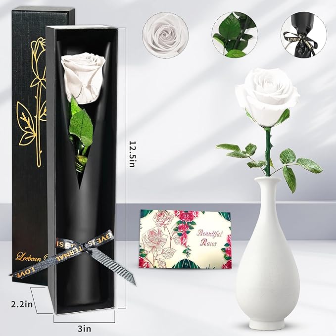 White Single Forever Roses in a Box,Preserved Flowers for Delivery,Preserved Rose Gifts for Women, Real Roses Gift for Her, Mom Birthday Gifts, Mothers Day Flowers,Valentines Flowers