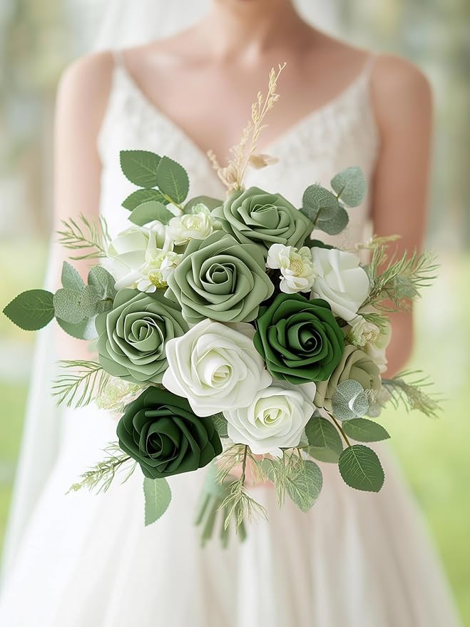 InnoGear Artificial Flowers, 50 Pcs Shades of Forest Rose Foam Fake Roses Bulk with Stems for Spring Decoration DIY Wedding Bouquets Centerpieces Bridal Shower Party Christmas Tree