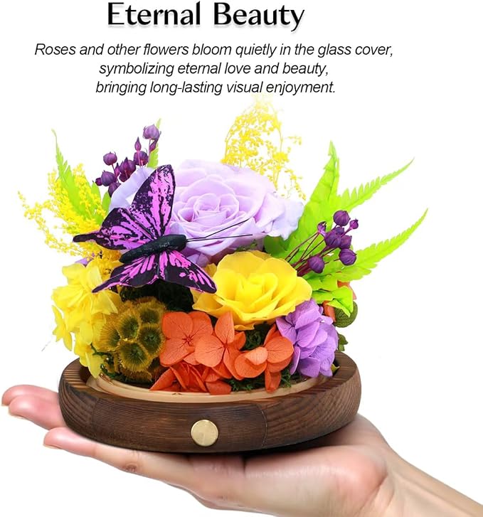 Preserved Rose, LED Forever Flowers in Glass Dome, Eternal Flowe for Women, Birthday Gifts for Mom Friend, Includes Greeting Card & Luxury Gift Box (Purple)
