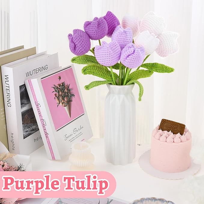 TLY 10 Pcs Crochet Tulips Flowers Artificial Flowers Bouquet Finished Handmade Knitted Tulip Bouquets with Leaf and Long Stem for Home Centerpieces Decor Valentine's Day Wedding Anniversary