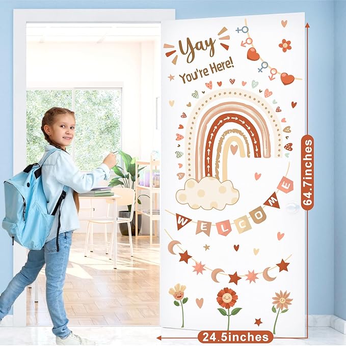 Welcome Classroom Welcome Signs Decals Boho Rainbow Bulletin Board Vinyl Stickers Peel and Stick Kids Nursery Decals for Front Door Wall Decors Yay You're Here Decor for Daycare Toddler Teacher Supply