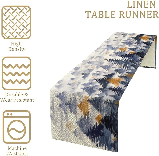 Watercolor Blue Pine Trees Table Runner, Forest Woodland Tabletop Scarf Home Kitchen Holiday Decor, Seasonal Farmhouse Rustic Dining Decorations Party Supply 13 X 70 Inch