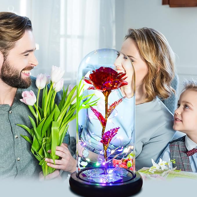 QUELIEN Christmas Rose Flower Gifts for Mom,Artificial Flower Lasts in A Glass Dome, Unique Gifts is for Mothers Day,Christmas,Anniversary(Red)
