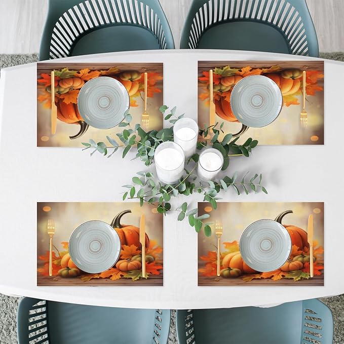 Thanksgiving Fall Pumpkin Placemats Set of 4 PVC Vinyl Non Slip Table Mats Heat Resistant Place Mats Washable Wipeable Dining Table Mat for Kitchen Decor Party Indoor Outdoor Decorative Gift