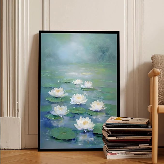 Zen wall art Delicate white lotus flower floating on calm water Vintage oil painting print Serene aquatic wall art creates a tranquil home decor 8x12in Metal blackFramed