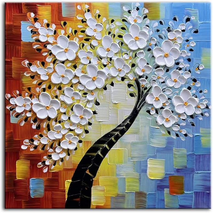 YaSheng Art -3D handmade paintings textured wall art Oil Painting On Canvas white Flowers Paintings Modern Home living room Wall Art Abstract canvas art picture Ready to hang 30x30inch