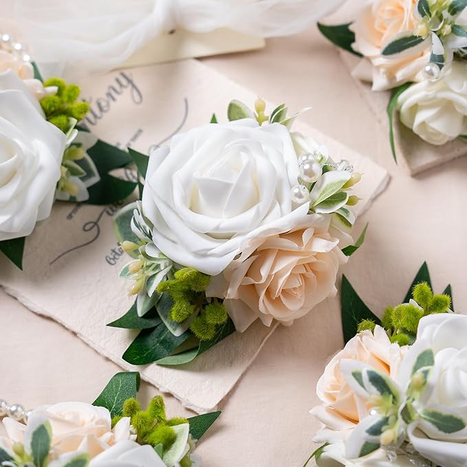 Meldel White Wrist Corsage, Set of 6, Homecoming Wrist Flower Girl/Mother Corsages Wristlet Décor Perfect for Bride Bridesmaids Wedding Guests Hand Flower, Proms, Party, Ceremony Anniversary