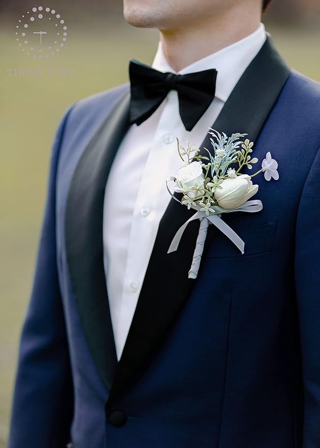 TINGE TIME Boutonniere for Men Wedding,Groom and Best Man Boutonniere for Wedding Ceremony Anniversary, Formal Dinner Party and Rustic Spring Wedding Marriage (10, White)
