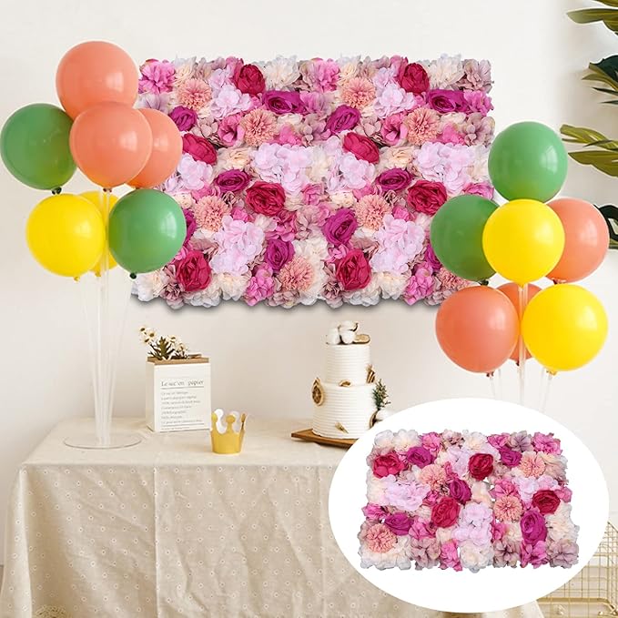6PCS Flower Wall Panel Set, Artificial Wall Flower Backdrop,Artificial Flower Wall Mat Silk Rose Flower Panels,Hydrangea Rose Floral Panel for Party Wedding