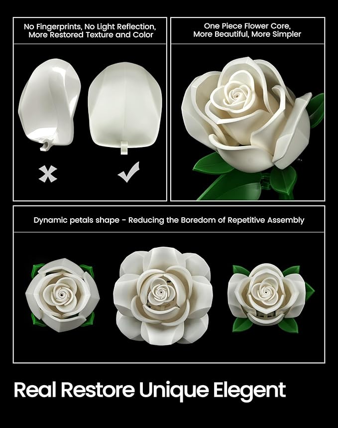 iATOM White Rose Bouquet Building Set, Wedding Artificial Flowers Botanical Collection for Adults Women, Gift for Christmas & Valentines Day - Home Office Table Centerpiece Decor - IA11013