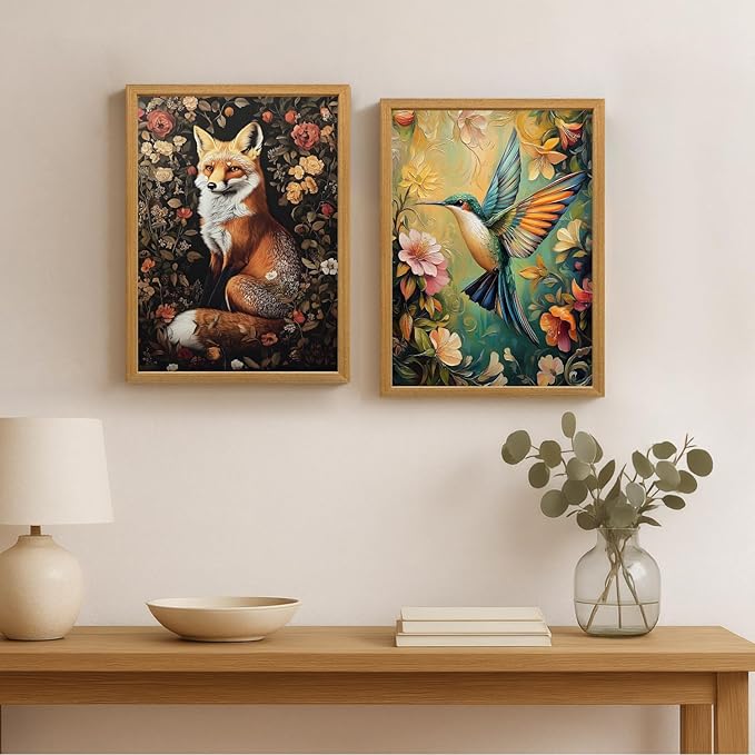 LLEEMPI William Morris Wall Art, Vintage Bird Floral Wall Decor, Hummingbird Flower Canvas Painting, Colorful Nature Botanical Aesthetic Picture for Living Room Bedroom Kid Room Wood Framed 12x16 inch