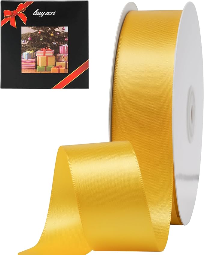 LIUYAXI Yellow Stain Ribbon, 1-1/2" X Continuous 50 Yards, Double Faced Fabric Ribbon Perfect for Gift Wrapping Wedding Birthday Party Chair Sash Christmas Hair Floral Craft Sewing