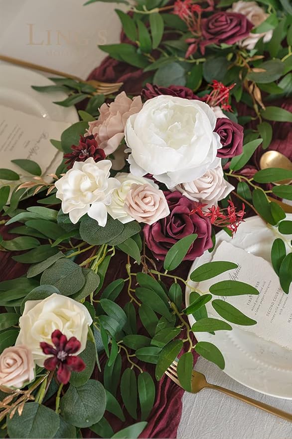 Ling's moment Flower Garland - 6FT Eucalyptus & Rose - Sweetheart Table Decor for Wedding Reception, Artificial Floral Garland for Mantle, Thanksgiving, Christmas Decoration, Marsala