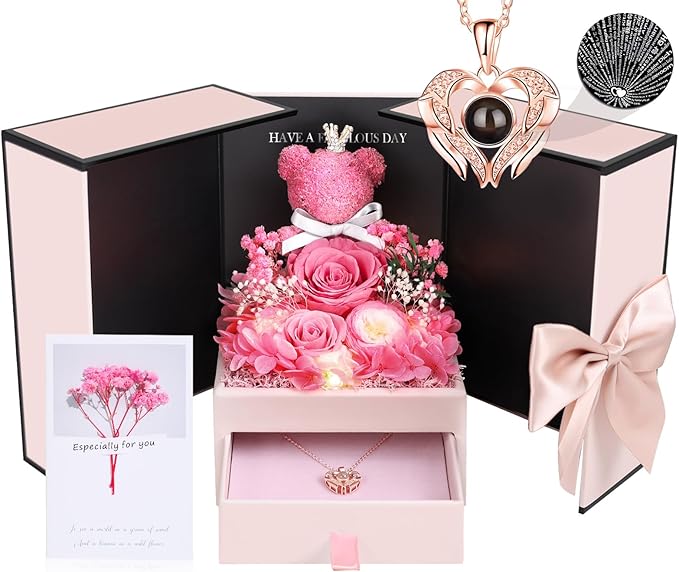 Gifts for Mom Grandma Christmas Birthday Preserved Flowers Roses with Heart Necklace Fresh Flowers for delivery Prime Eternal Forever Flower Box Xmas Gifts for Women Mother Her Wife from Daughter