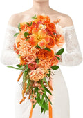 Serwalin 11 Inch Wedding Bouquets for Bride Bridesmaid,Fall Cascading Orange Bridal Bouquets for Bride,Wedding Ceremony and Anniversary Day Decor
