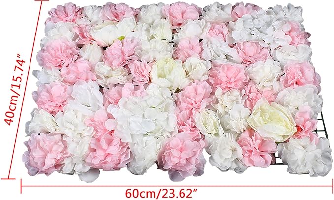Eapmic 6Pcs 23.62"x 15.74"x 0.79" Artificial Flower Wall Panels,Flower Wall Mat Silk Flower Panels for Outdoor Garden Backyard Fence Fence Privacy Screen and Indoor Wall Decor(White+Pink)