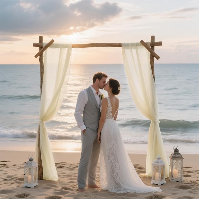 VOK Wedding Arch Draping Fabric Chiffon Curtains, 29in x 18Ft Sheer Chiffon Outdoor Curtain for Wedding Ceremony Birthday Party Decoration (Light Yellow,4 Panel)