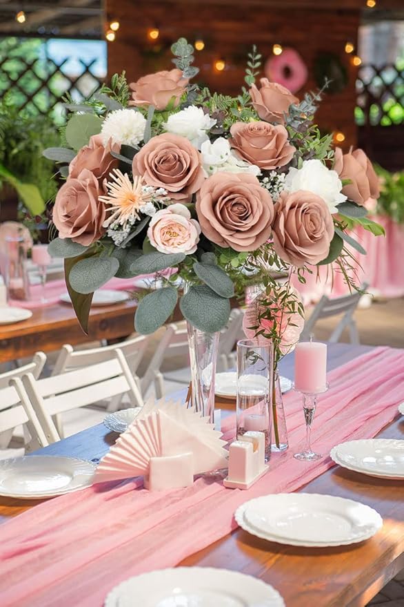 12pcs Roses Artificial Flowers Dusty Rose Fake Flowers with Long Stems Silk Flowers for Wedding Bouquet Centerpices Decorations Party Bridal Baby Shower Home Decor