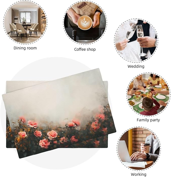 Placemats 4 pcs Vintage Oil Painting Flowers Double-Layer Imitation Linen Place Mats Non-Slip Heat-Resistant Tablemats for Home Restaurant Hotel 18×12 Inch
