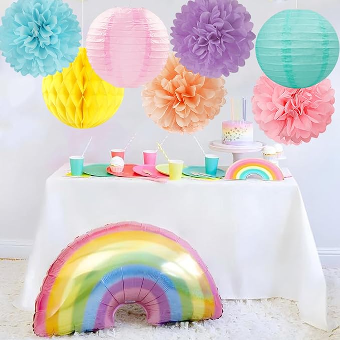 Pastel Paper Flowers Tissue Pom Poms Honeycomb Lanterns 15pcs Party Decorations for Rainbow Colorful Macaron Ice Cream Birthday Baby Shower Easter Carnival Wedding Hanging Supplies Mprocherify