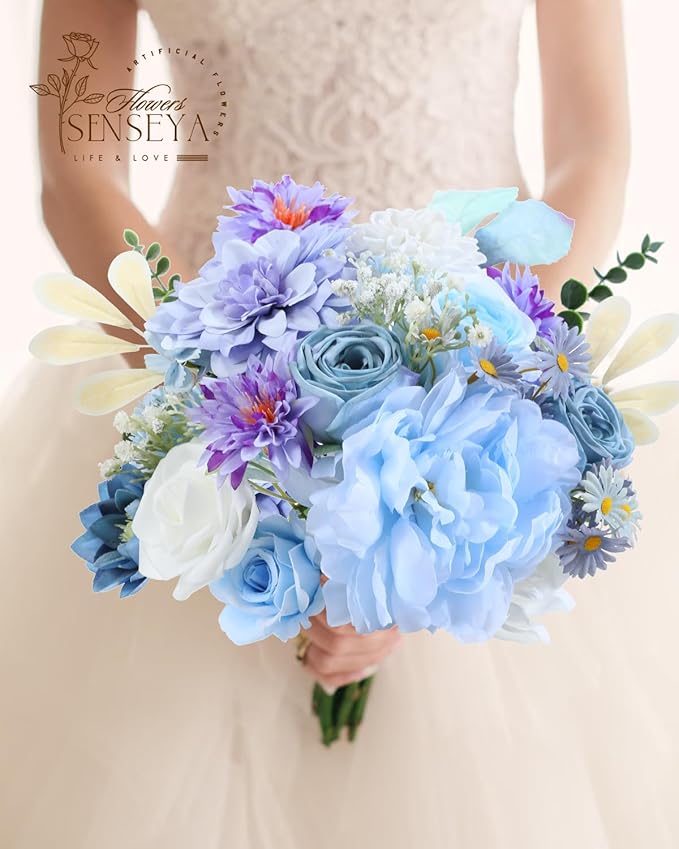 Senseya Artificial Flowers Combo, Blue Purple Silk Roses, Peonies, Dahlias with Stems for DIY Wedding Bouquets, Baby Shower, Table Centerpieces, Home Decor, Fake Floral Arrangements, Party Decorations
