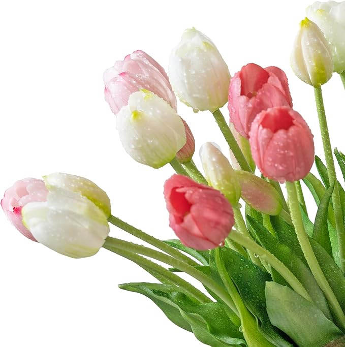 40pcs Artificial Tulips Flowers, Real Touch Latex Bouquet, Fake Tulips for Office Wedding Party Home Kitchen Garden Decoration(White Suit 40pcs)