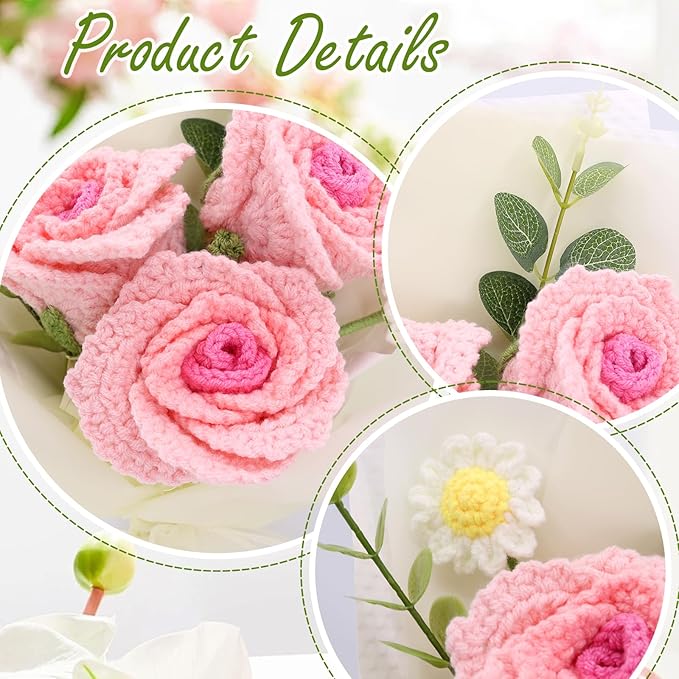 Crochet Flowers,Finished Bouquet Crocheted Cotton Thread Flowers, Handmade Crochet Rose Tulip Fern Leaf as a Gift for Lover, Friends. Artificial Flower (Gradient Pink)