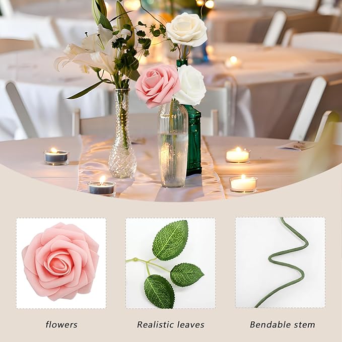 50PCS Artificial Flowers Champagne/Pink/White Roses Real Looking Foam Fake Roses with Leaves and for DIY Wedding Bouquets Bridal Shower Centerpieces Party Decorations (Champagne Series, 50)