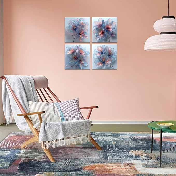 Pankila Abstract Flower Wall Art Blooming Flowers Pictures Canvas Prints Blue Pink Flower Wall Decor for Living Room Bedroom Bathroom Home Decorations Painting Framed Artwork (24''W x 24''H x 4)