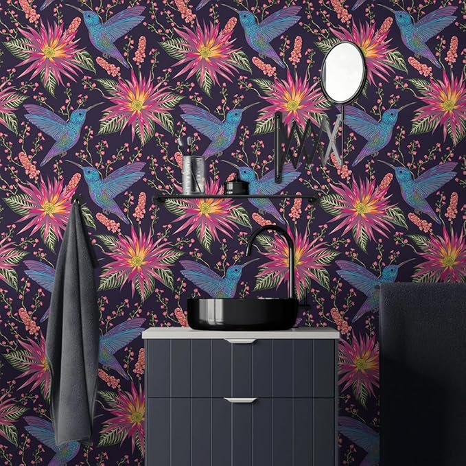 Abstract Black Pink Hummingbird Floral Peel and Stick Wallpaper Easy Peel Off Contact Paper Stick on Adhesive Wall Paper for Bathroom Waterproof Renter Friendly