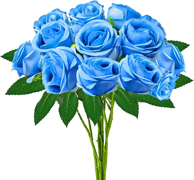 Blue Artificial Roses with Long Stems, 12Pcs Realistic Roses Artificial Flowers, Faux Roses | Bulk Fake Flowers for Home Decor, Wedding Party Table Centerpieces, DIY Bouquet