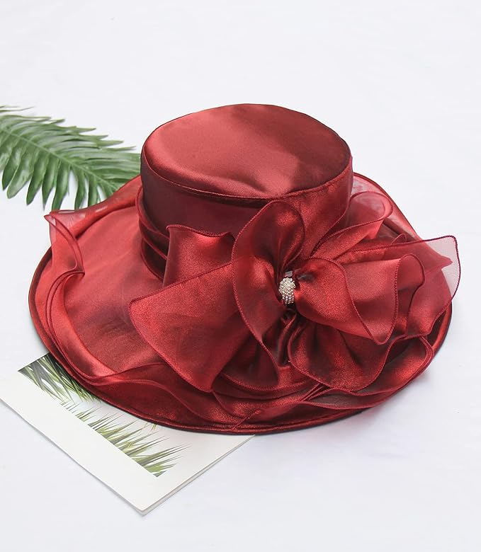 Organza Derby Hats for Women Wide Brim Fascinator Hat Rose Flower Wedding Tea Party Hat