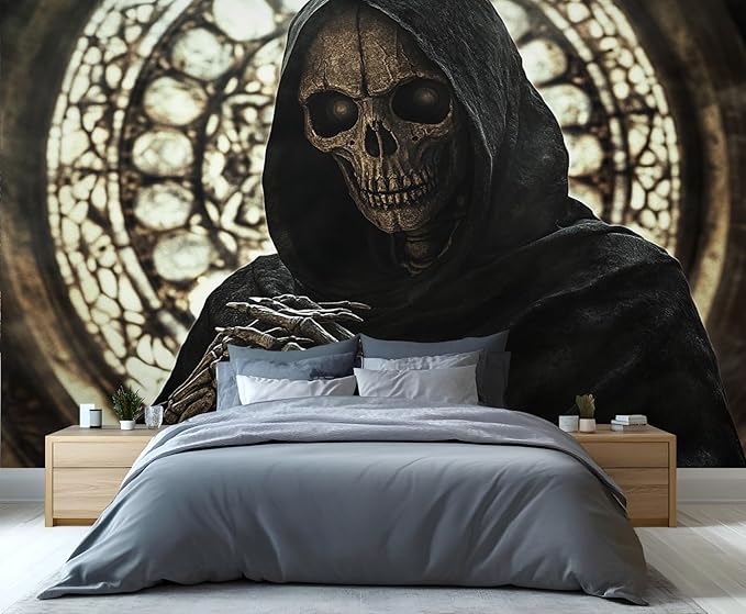 Gothic Skeleton Wall Mural, Dark Fantasy Skull 3D Wall Murals, Medieval Gothic Wallpaper Mural, for Living Room Bedroom Large Wallpaper Indoor Decor 169.3" W x118.2 H