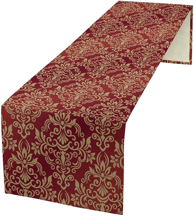Red Damask Table Runner,Gothic Antique Victorian Floral Boho Table Runner for Home Kitchen Table Dining Garden Farmhouse Wedding Party Decor 13x90 Inch